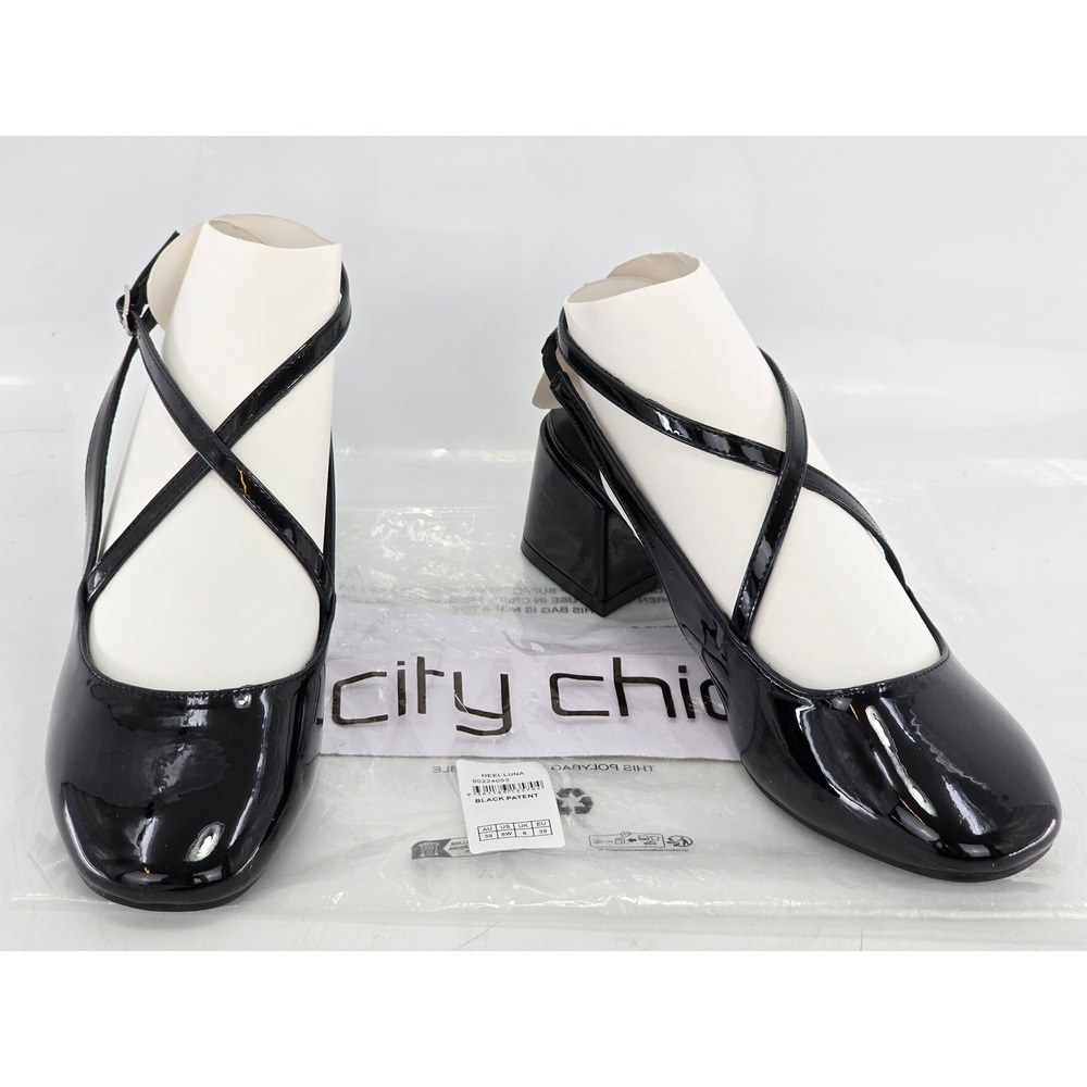 City Chic Luna Heel Women Size 8W Black Patent Strappy Block Heel - New